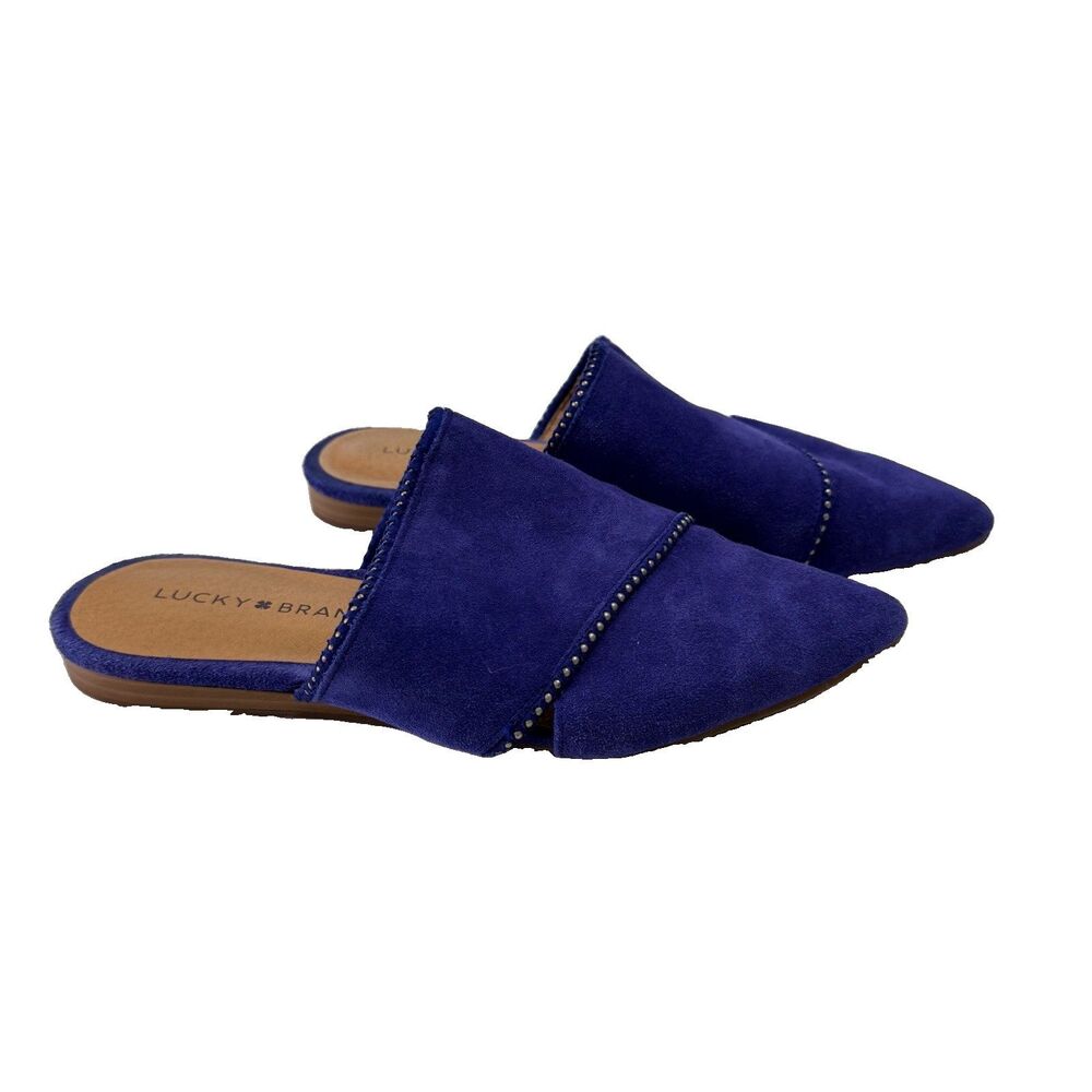 Lucky Brand Bidimin Electric Blue Suede Silver Bead Trim Pointed Mules Flat 6.5